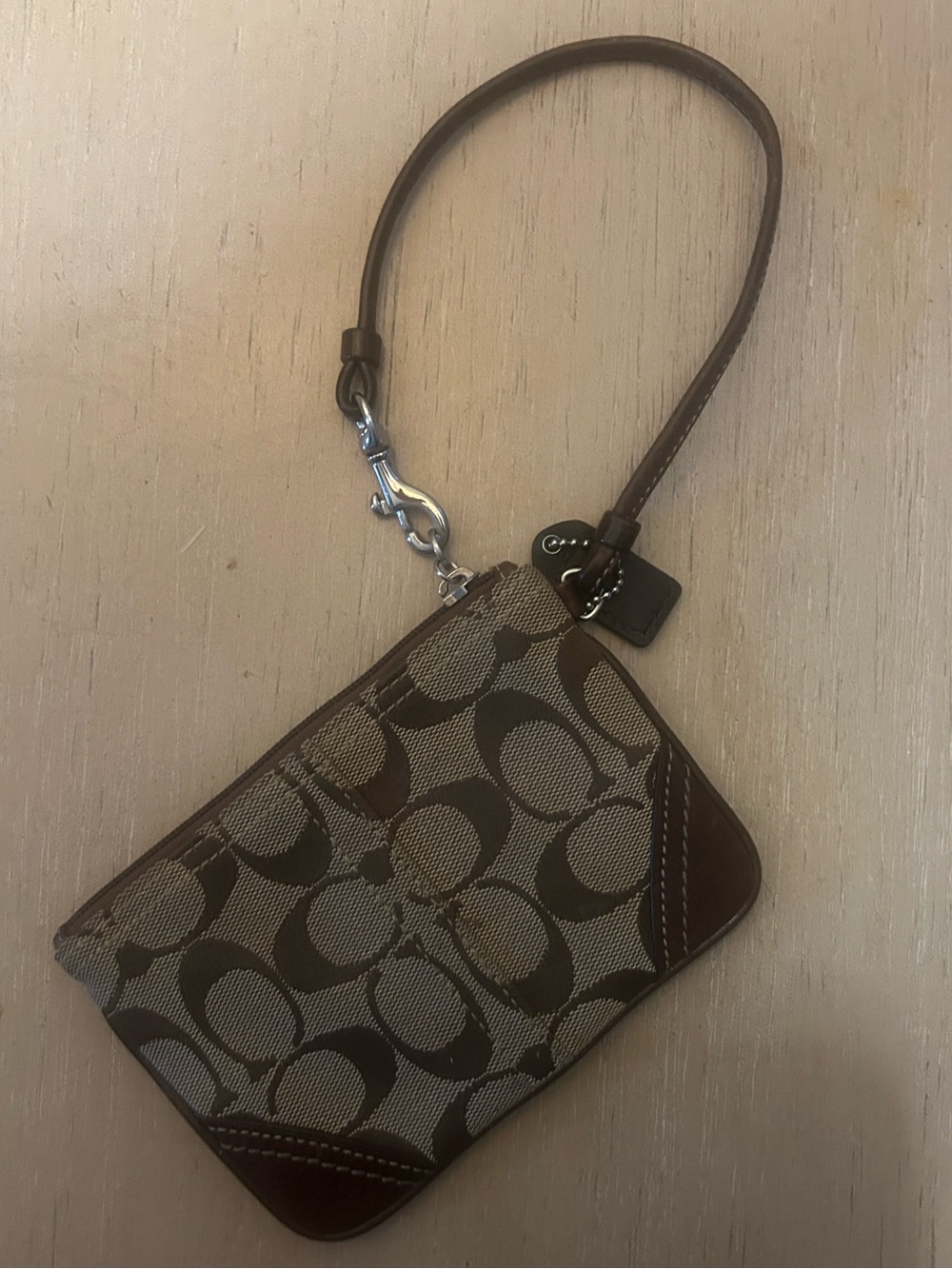 Coach Brown Signature Canvas Wristlet with Leather Trim